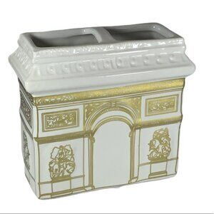 Paris Toothbrush Holder Arc de Triomphe Parisian French Ceramic Decor White Gold